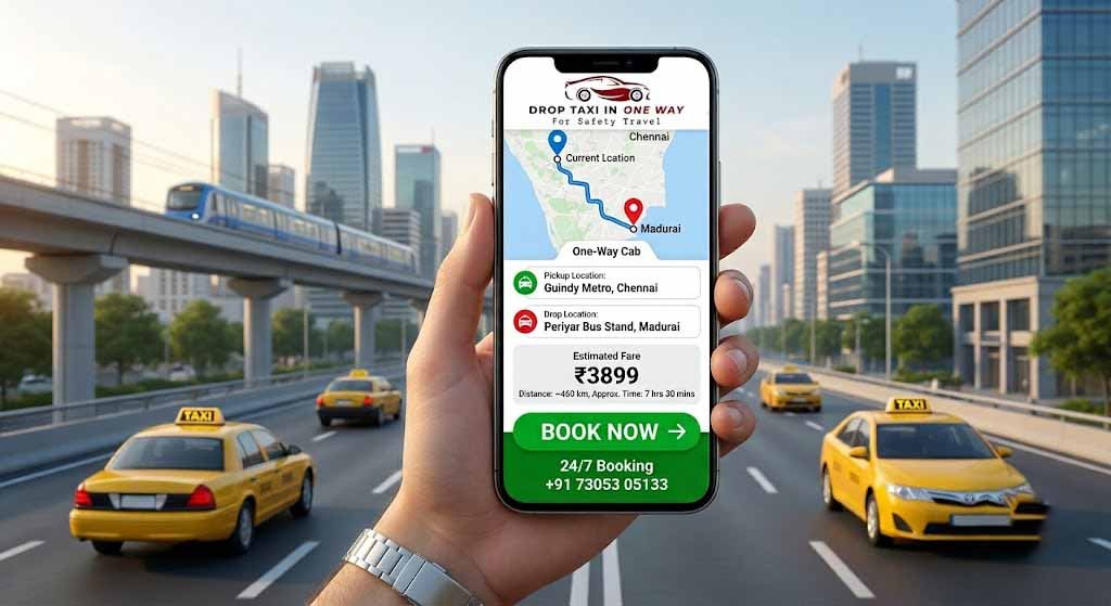 “Chennai Airport One Way Taxi service car waiting at Chennai International Airport offering affordable and reliable one way cab booking for travelers”