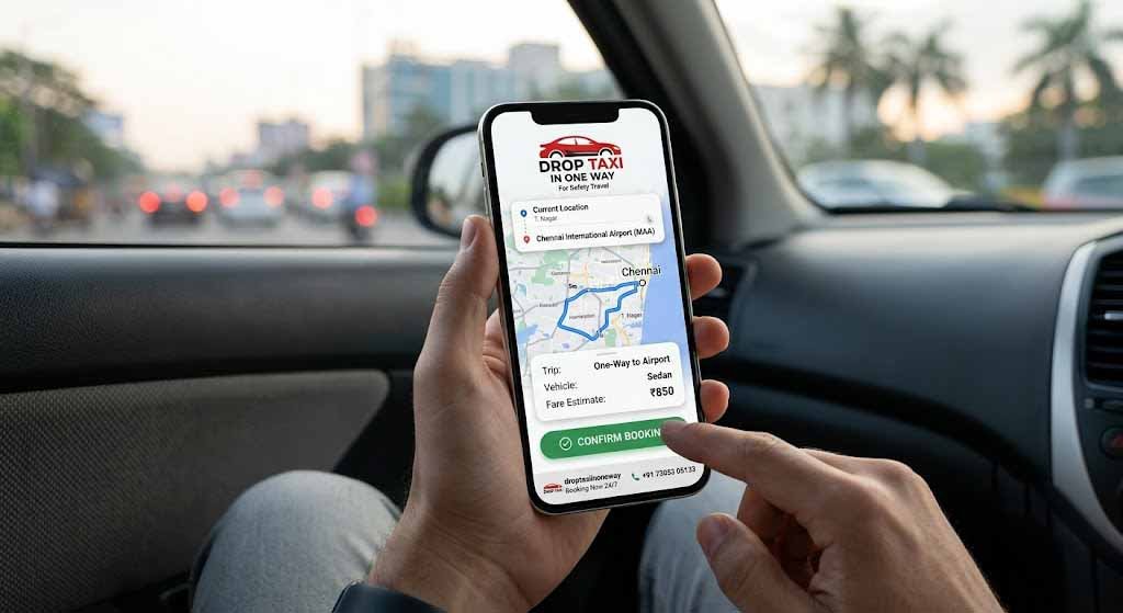 Chennai Airport Taxi Booking mobile app showing fare estimate and online cab reservation screen