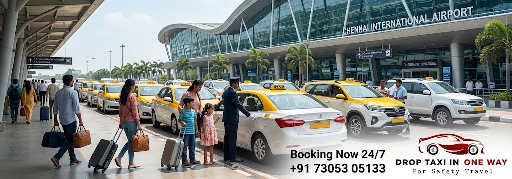 Chennai Airport Taxi Fare | Book Low-Cost Airport Pickup & Drop Service Chennai Airport taxi waiting outside terminal showing fare and booking service for passengers