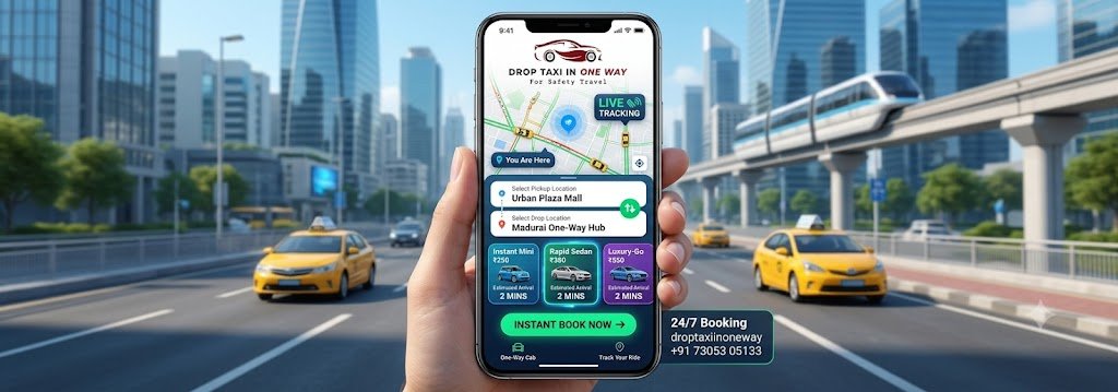 Online taxi booking app showing instant cab confirmation with a taxi arriving for passenger pickup