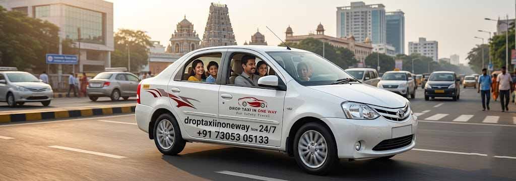 Chennai Drop Taxi traveling through Chennai city with passengers enjoying safe and comfortable ride.