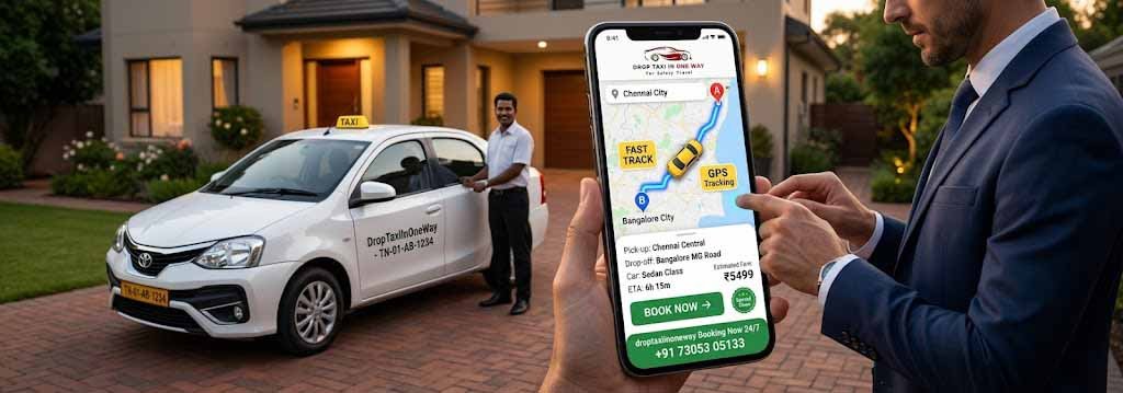 Customer booking Chennai Drop Taxi online using mobile app with route tracking and cab confirmation.